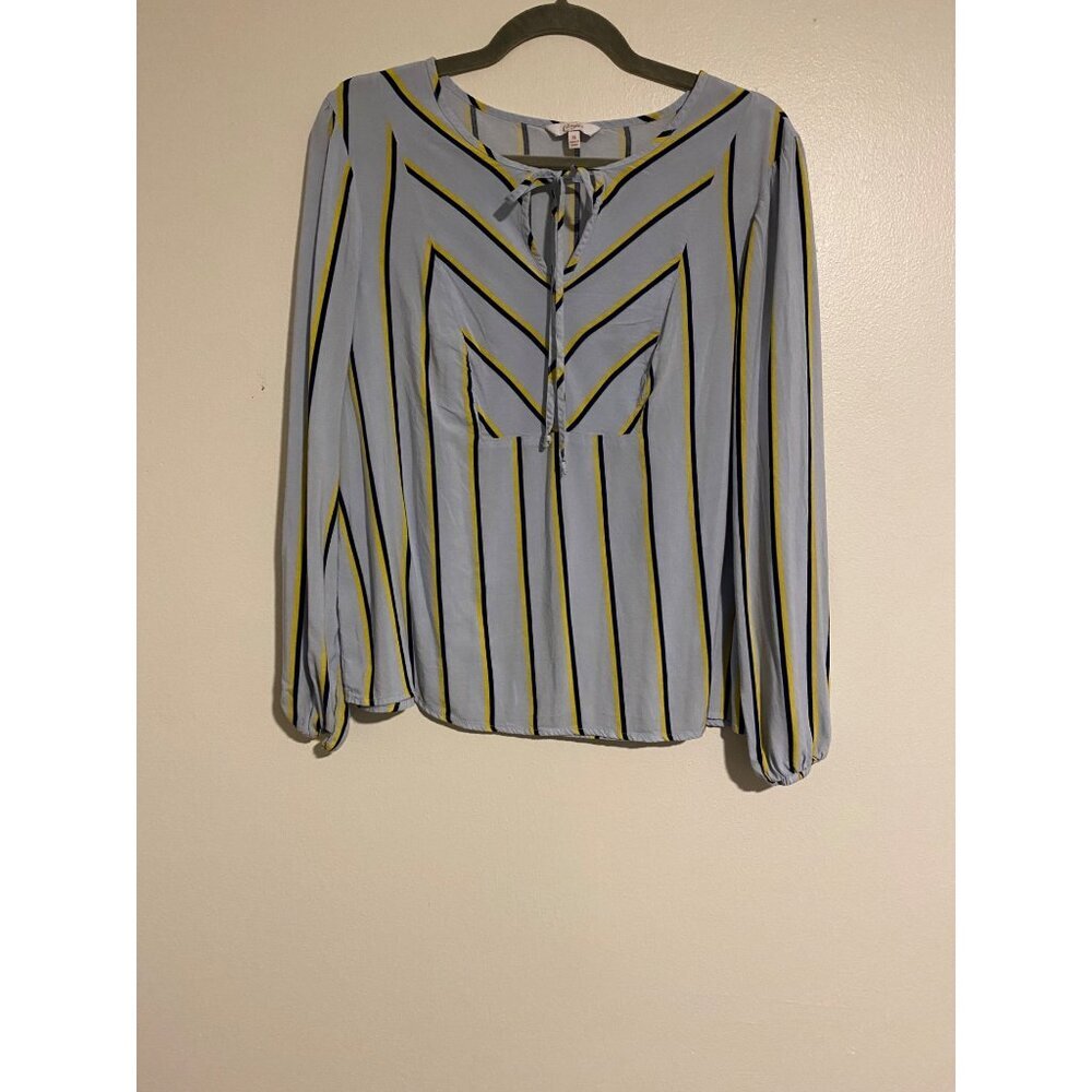 Candies Women’s XL Blouse Blue & Yellow Rayon Long Sleeve Tie Front Casual